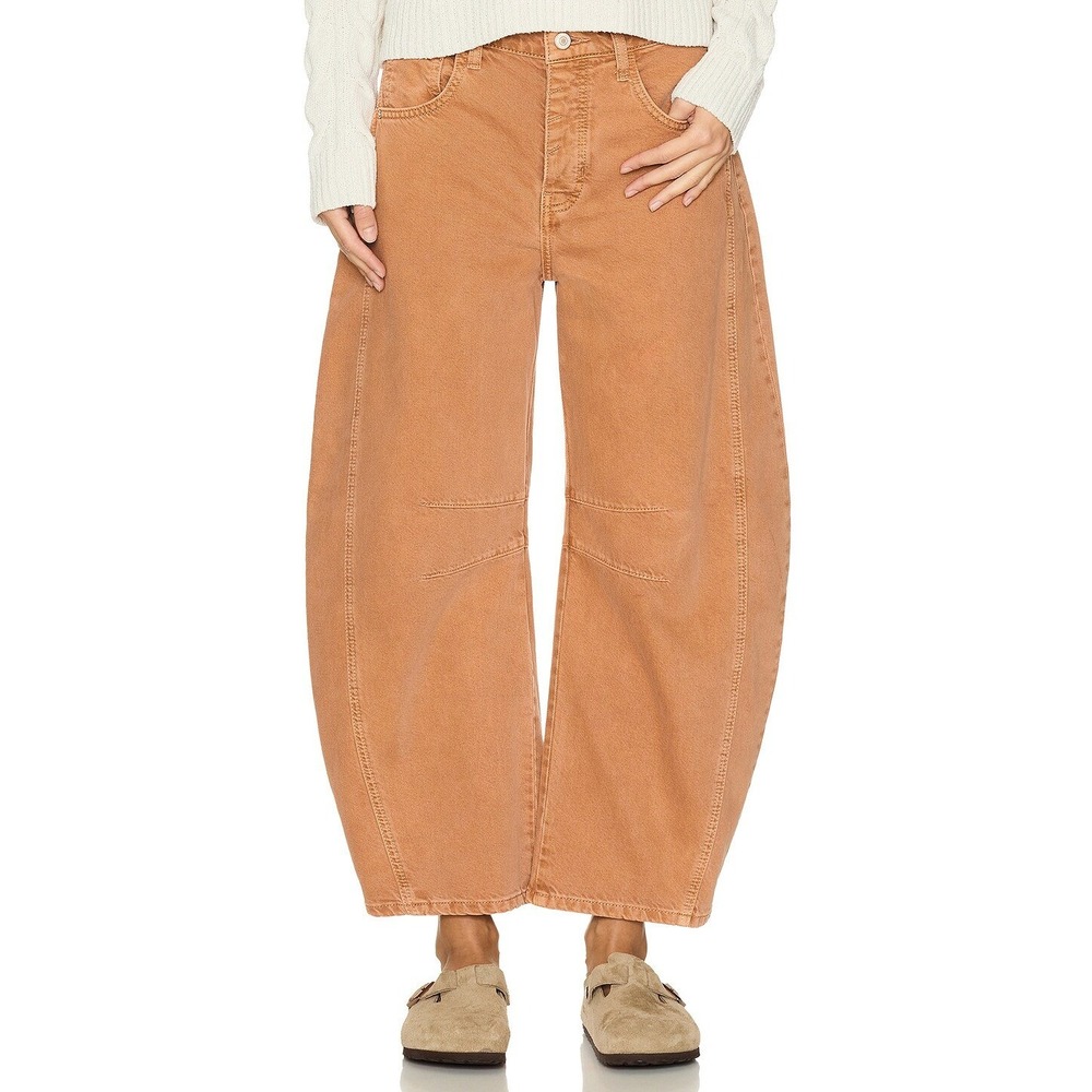 Free People We The Free Good Luck Mid Rise Barrel Jeans Brown Utility Seamed 25